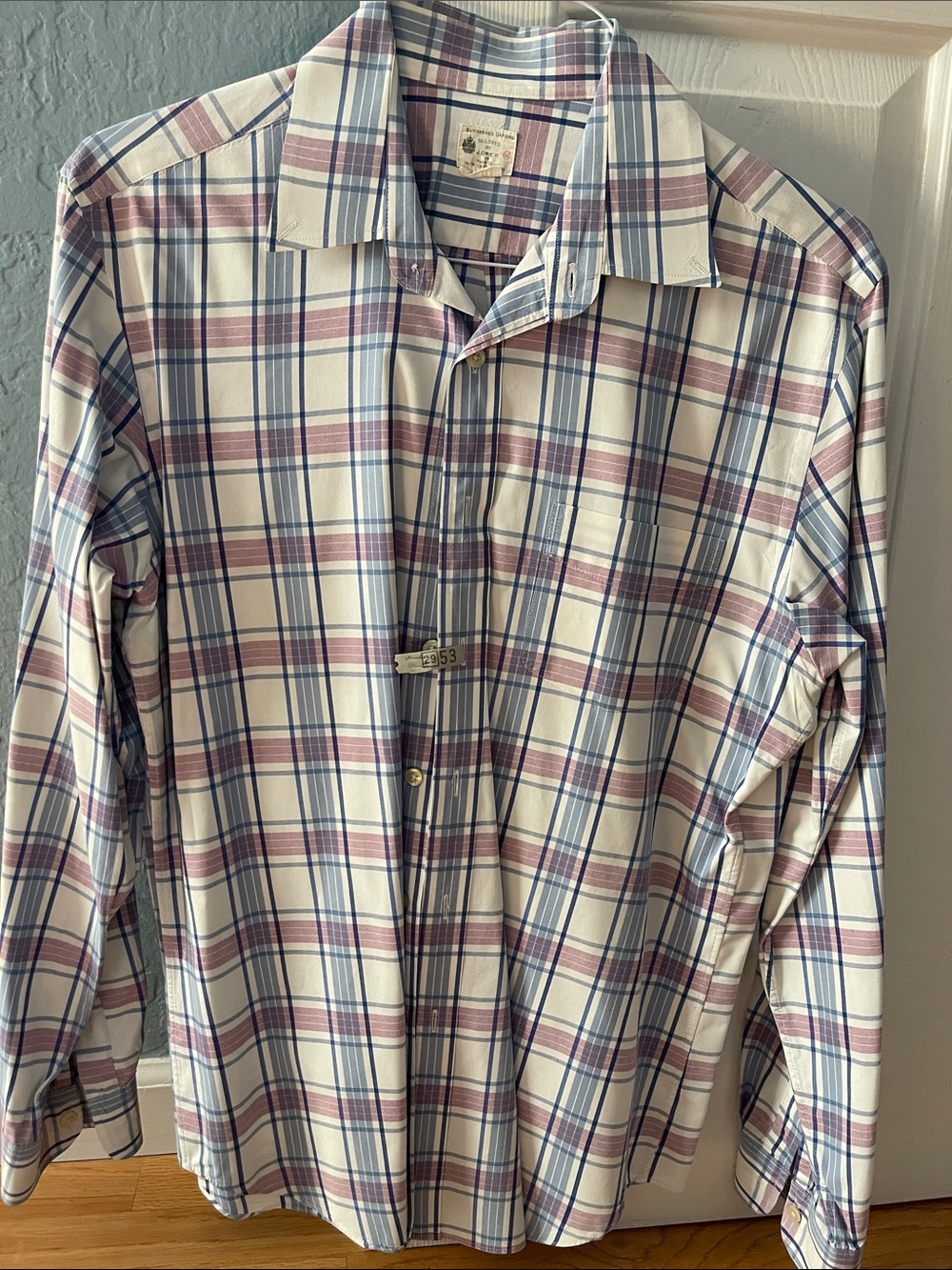J. Crew Men's White Button-Down Plaid Shirt with Blue & Pink Stripes